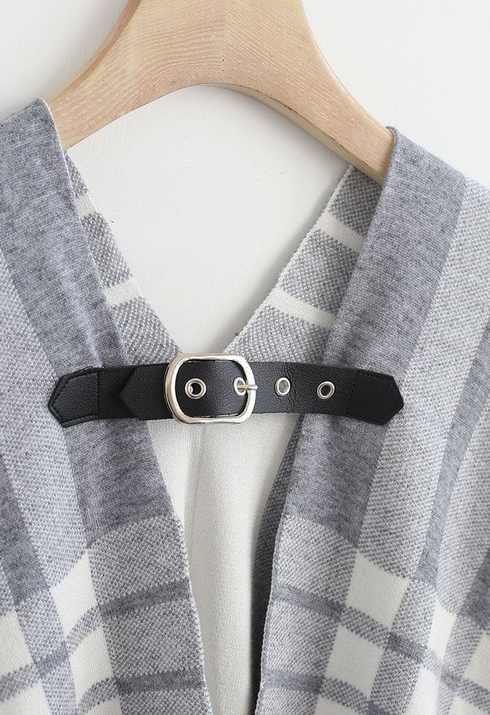Belted Check Printed Tassel Poncho in Grey