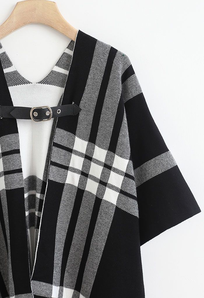 Belted Check Printed Tassel Poncho in Black