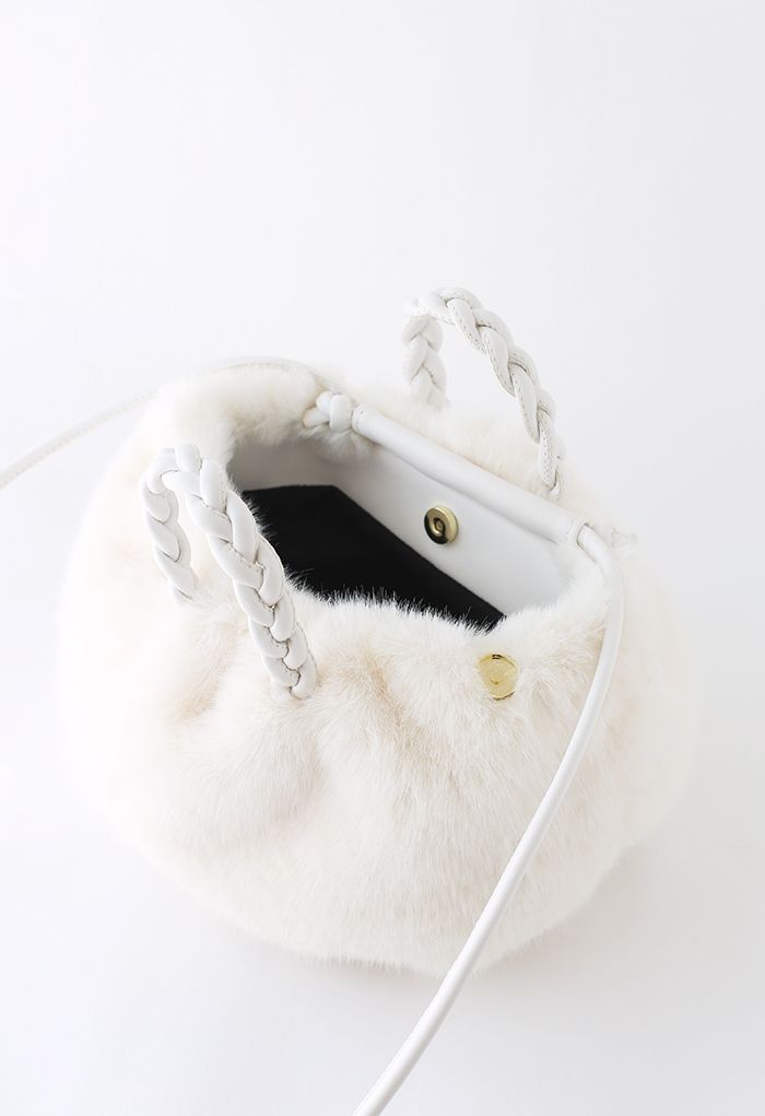 Braided Faux Fur Crossbody Bag in White