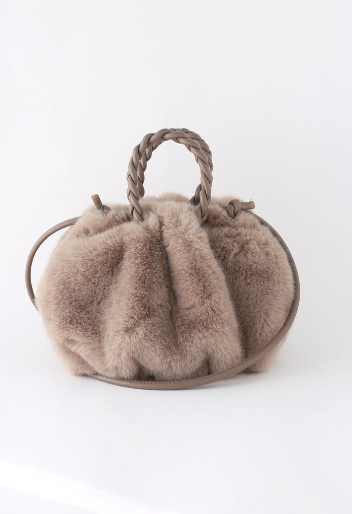 Braided Faux Fur Crossbody Bag in Taupe