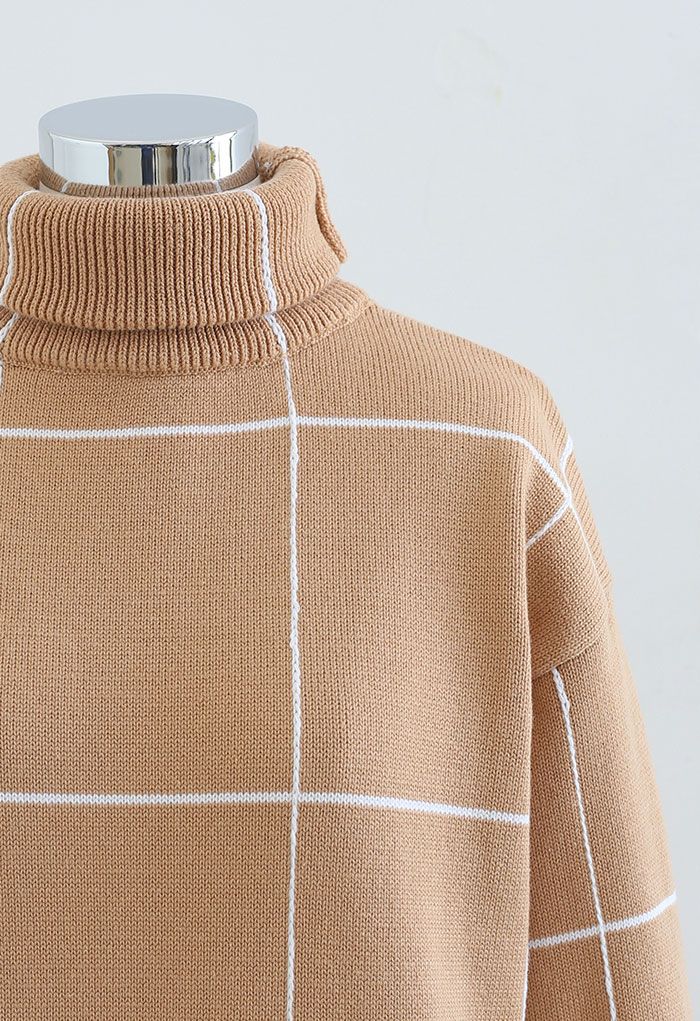 Warm Welcome Grid Turtleneck Sweater Dress in Tan