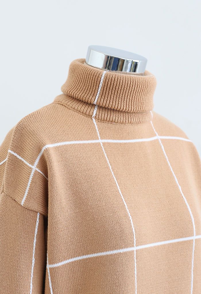 Warm Welcome Grid Turtleneck Sweater Dress in Tan