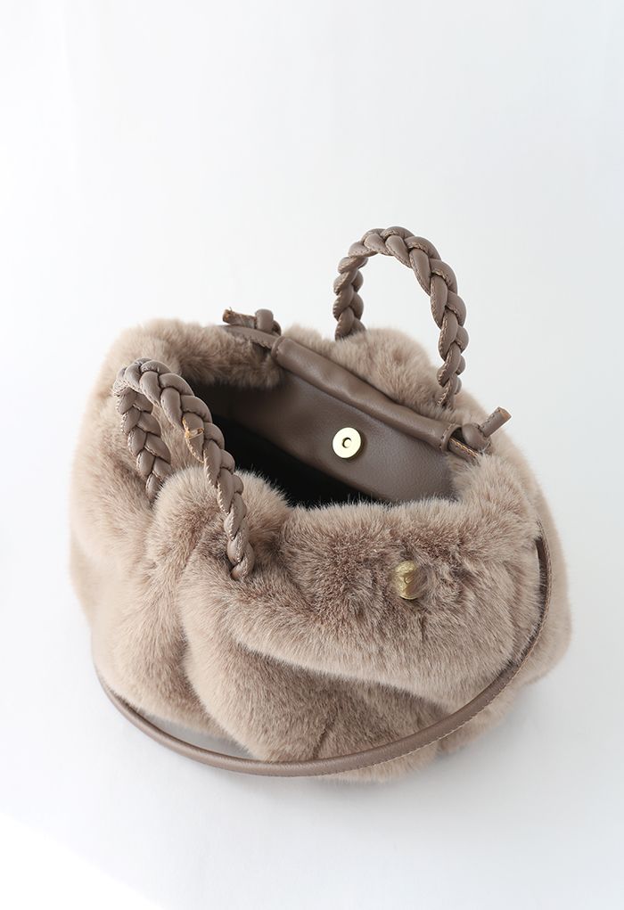 Braided Faux Fur Crossbody Bag in Taupe