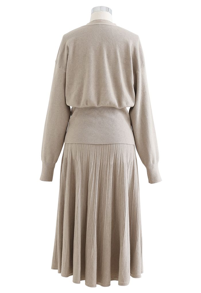 Comfy Versatile Knit Cardigan and Skirt Set in Taupe