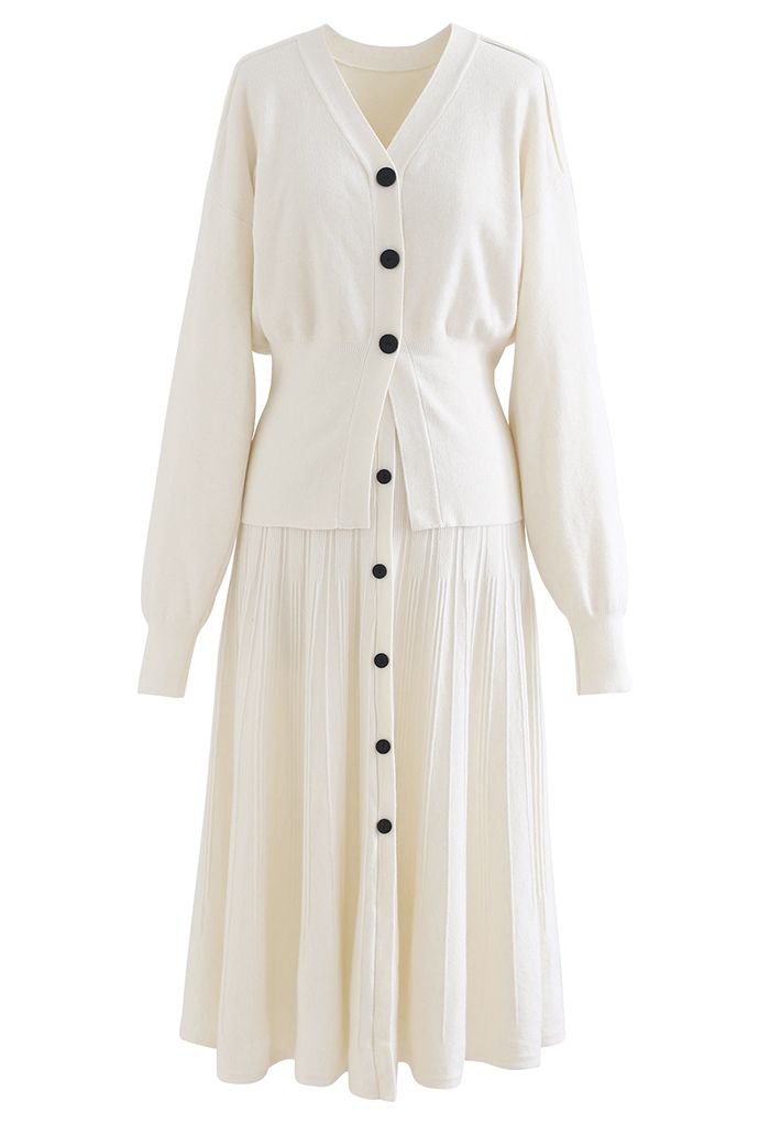 Comfy Versatile Knit Cardigan and Skirt Set in Cream