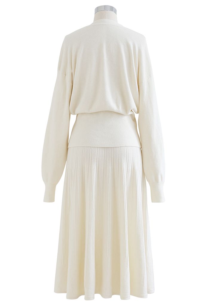 Comfy Versatile Knit Cardigan and Skirt Set in Cream