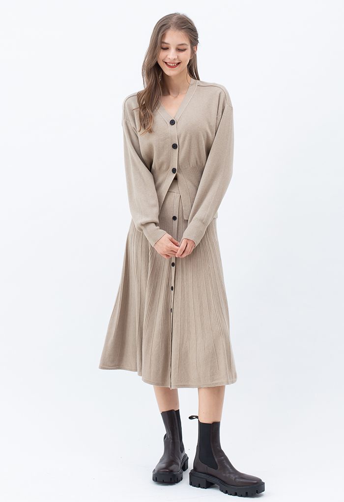 Comfy Versatile Knit Cardigan and Skirt Set in Taupe