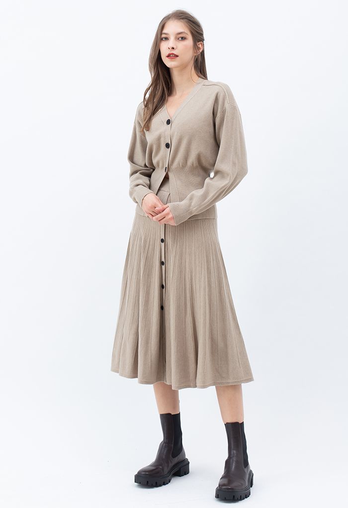 Comfy Versatile Knit Cardigan and Skirt Set in Taupe