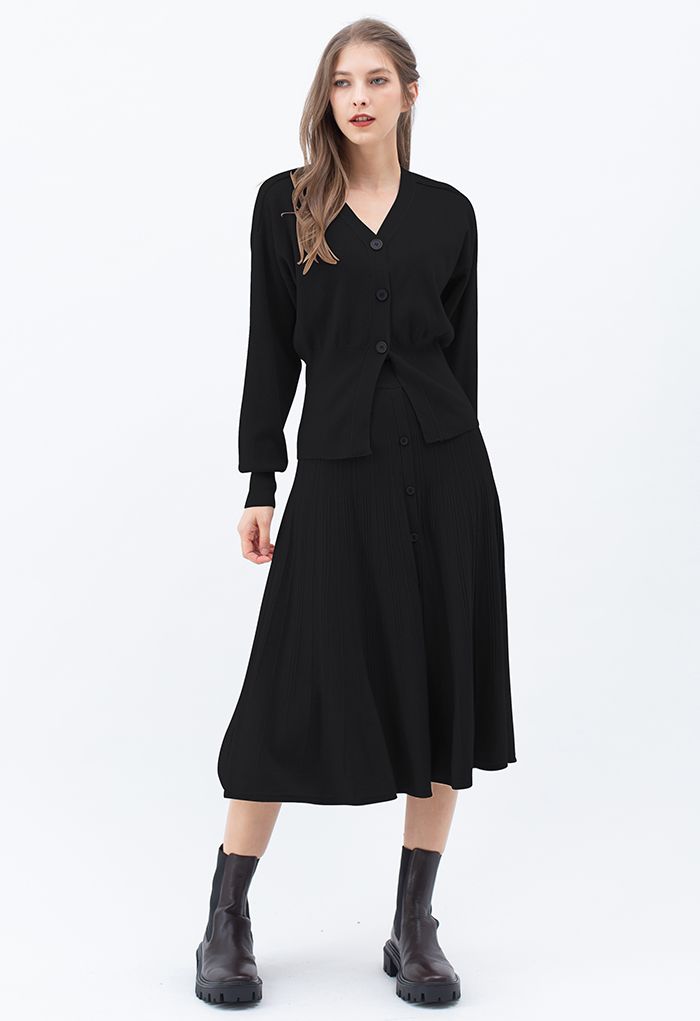 Comfy Versatile Knit Cardigan and Skirt Set in Black