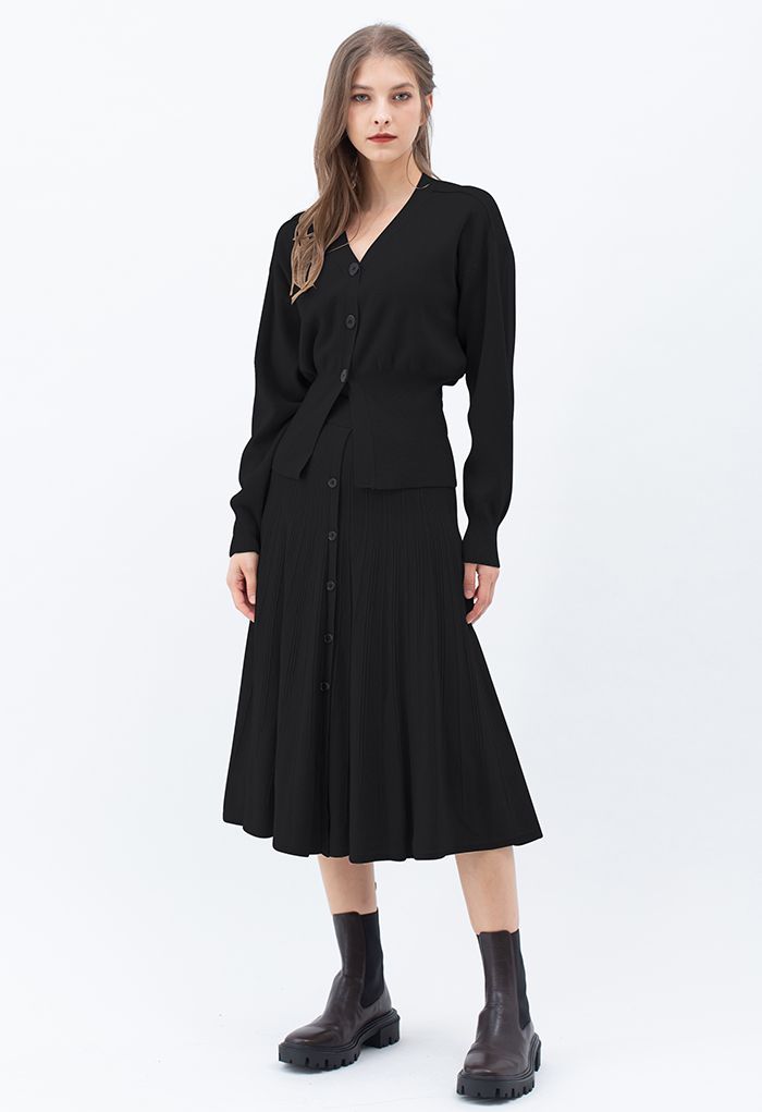 Comfy Versatile Knit Cardigan and Skirt Set in Black