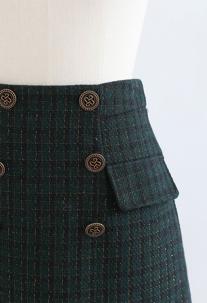 Gingham Pattern Shimmer Tweed Mini Skirt in Green