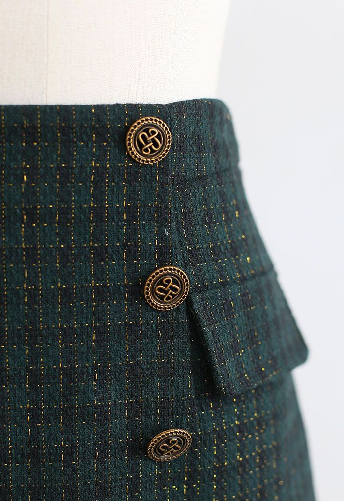 Gingham Pattern Shimmer Tweed Mini Skirt in Green