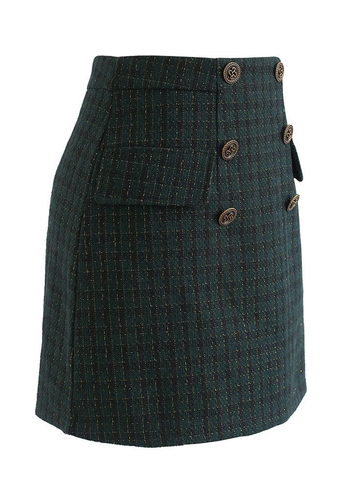 Gingham Pattern Shimmer Tweed Mini Skirt in Green