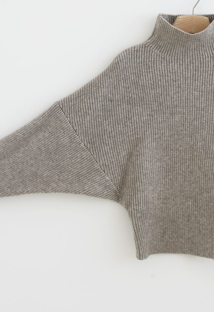 Batwing Sleeves Turtleneck Rib Knit Sweater in Sand