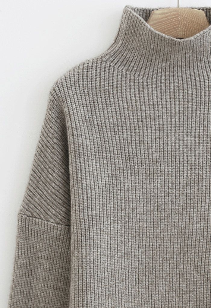 Batwing Sleeves Turtleneck Rib Knit Sweater in Sand