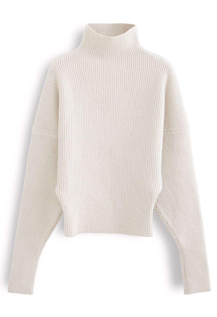 Batwing Sleeves Turtleneck Rib Knit Sweater in Cream