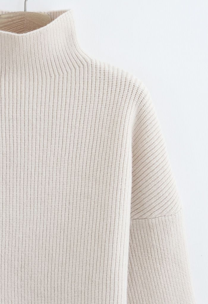 Batwing Sleeves Turtleneck Rib Knit Sweater in Cream