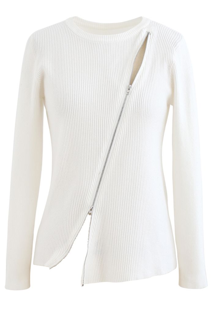 Zipper Up Ribbed Knit Top in White