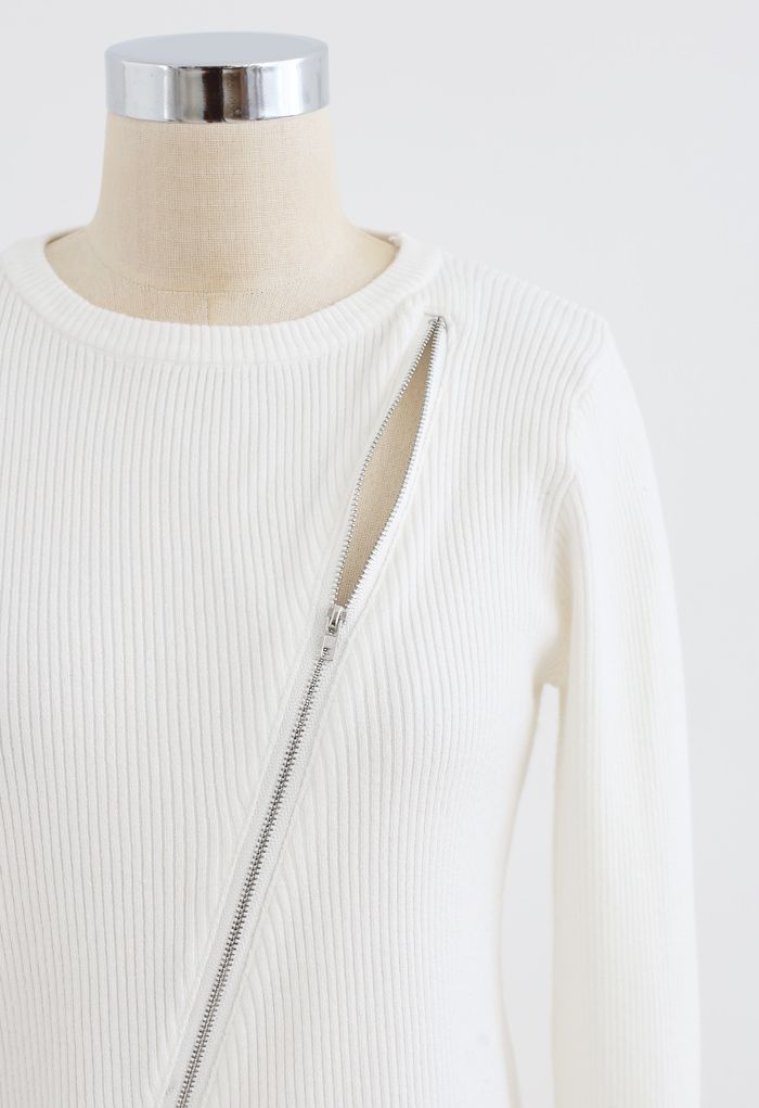 Zipper Up Ribbed Knit Top in White