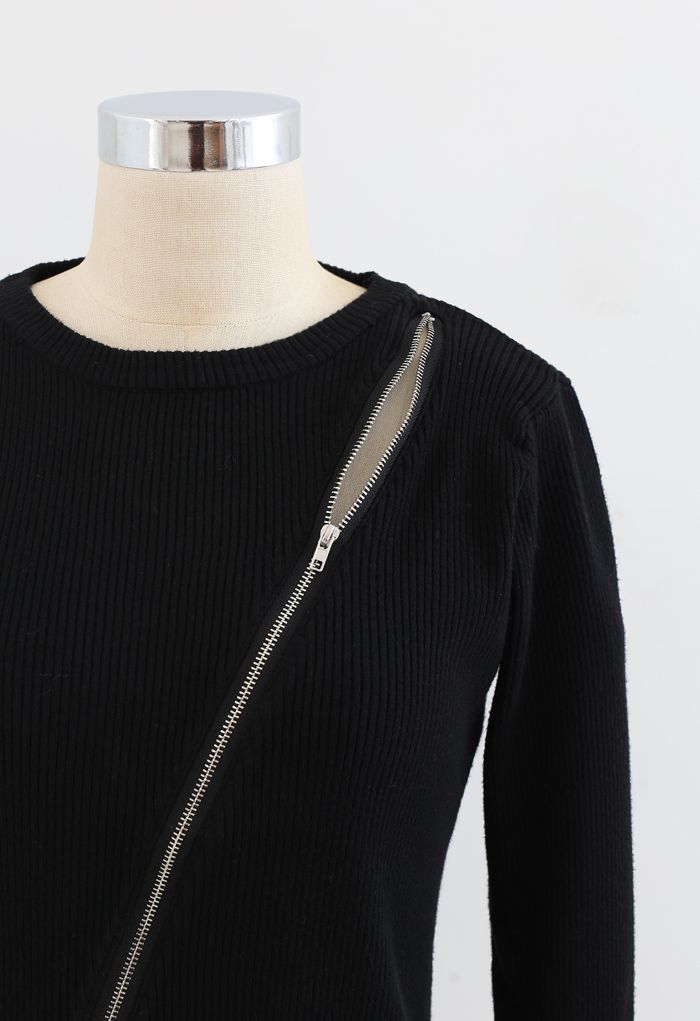 Zipper Up Ribbed Knit Top in Black