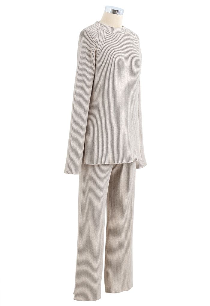 Rib Knit Split Hem Sweater and Pants Set in Sand
