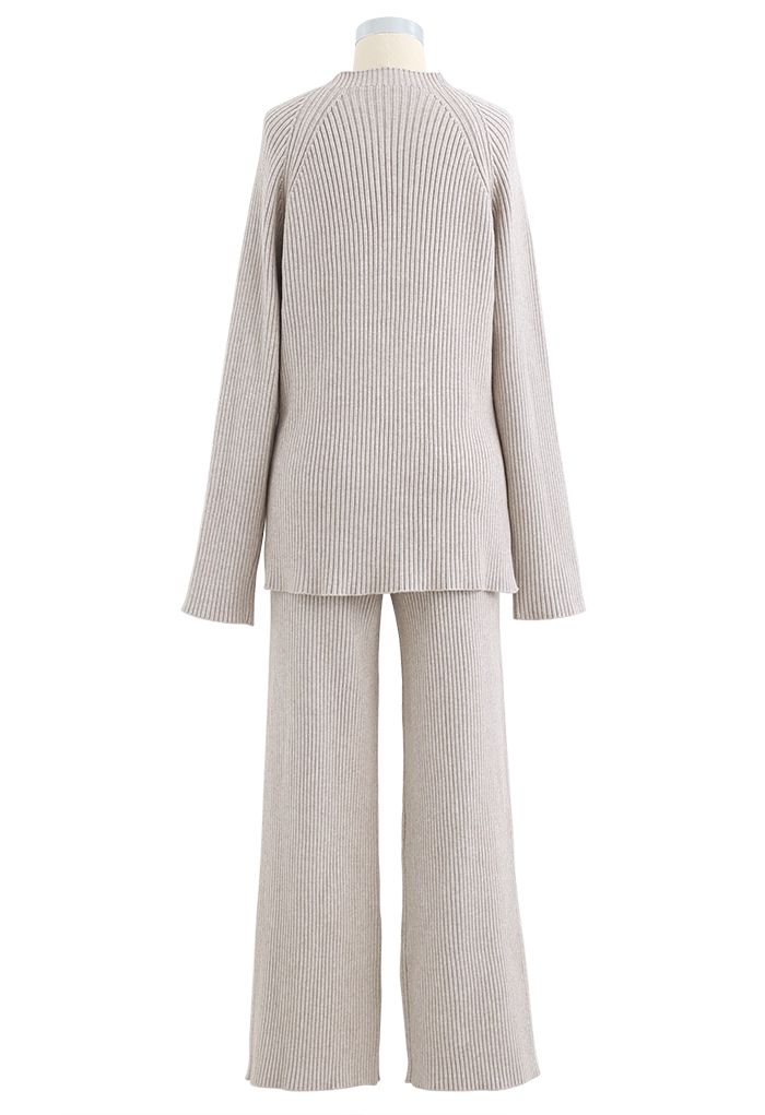 Rib Knit Split Hem Sweater and Pants Set in Sand