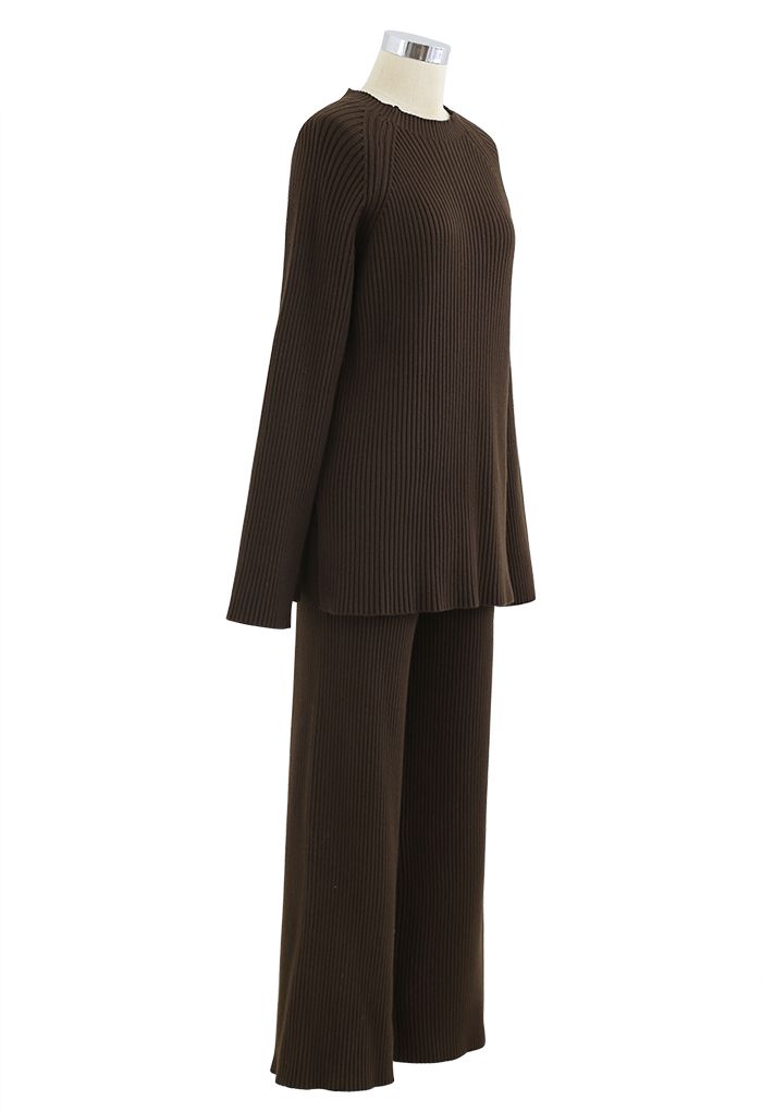 Rib Knit Split Hem Sweater and Pants Set in Brown