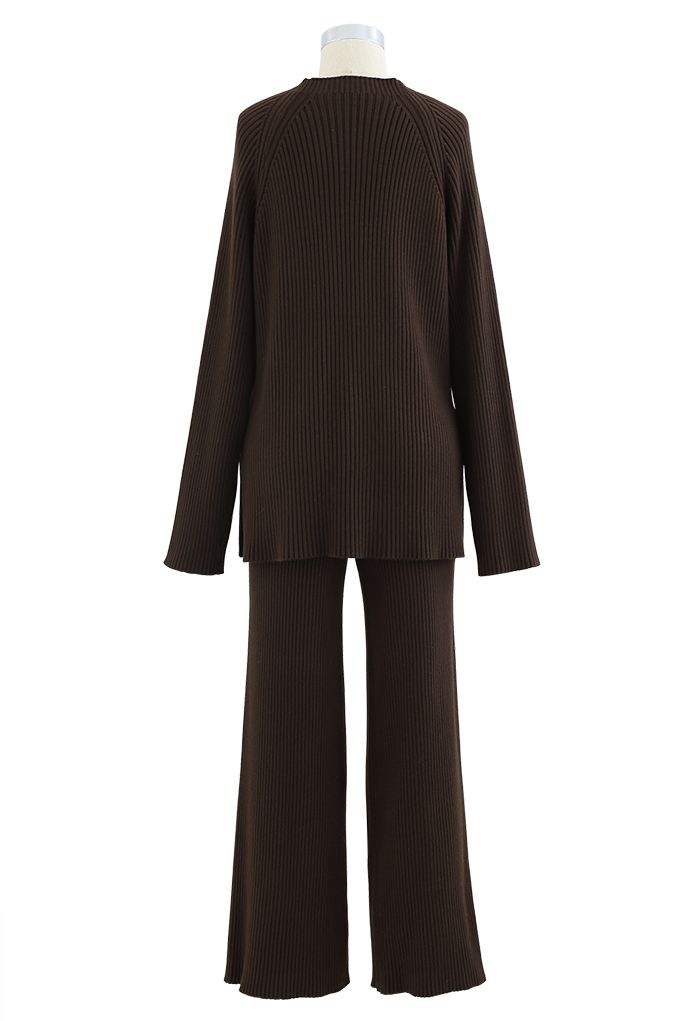Rib Knit Split Hem Sweater and Pants Set in Brown