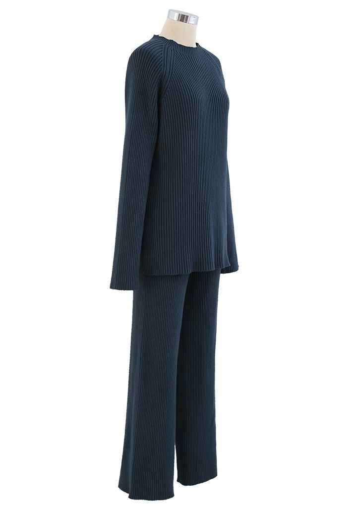 Rib Knit Split Hem Sweater and Pants Set in Teal