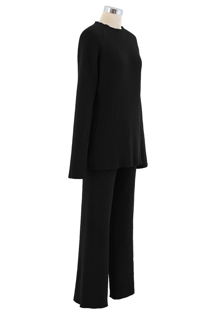 Rib Knit Split Hem Sweater and Pants Set in Black