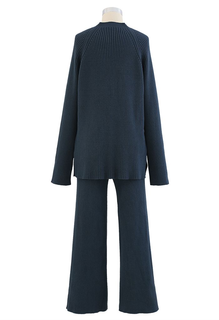 Rib Knit Split Hem Sweater and Pants Set in Teal