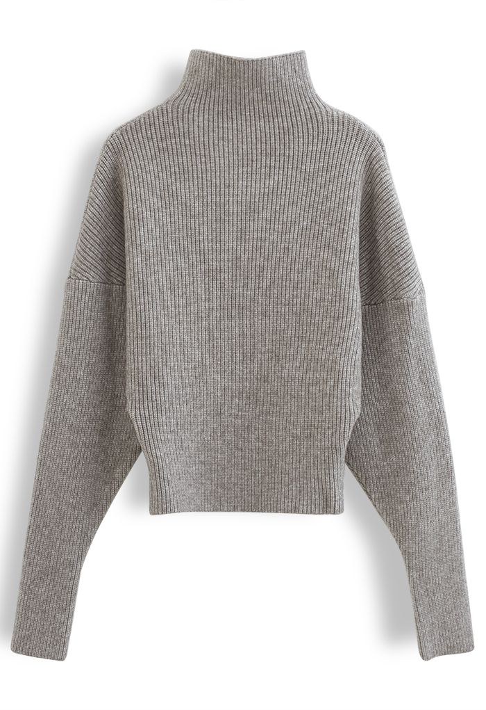 Batwing Sleeves Turtleneck Rib Knit Sweater in Sand