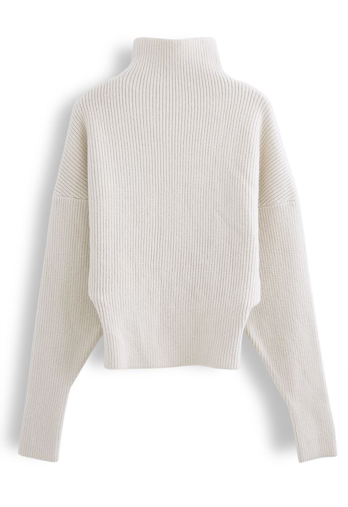 Batwing Sleeves Turtleneck Rib Knit Sweater in Cream