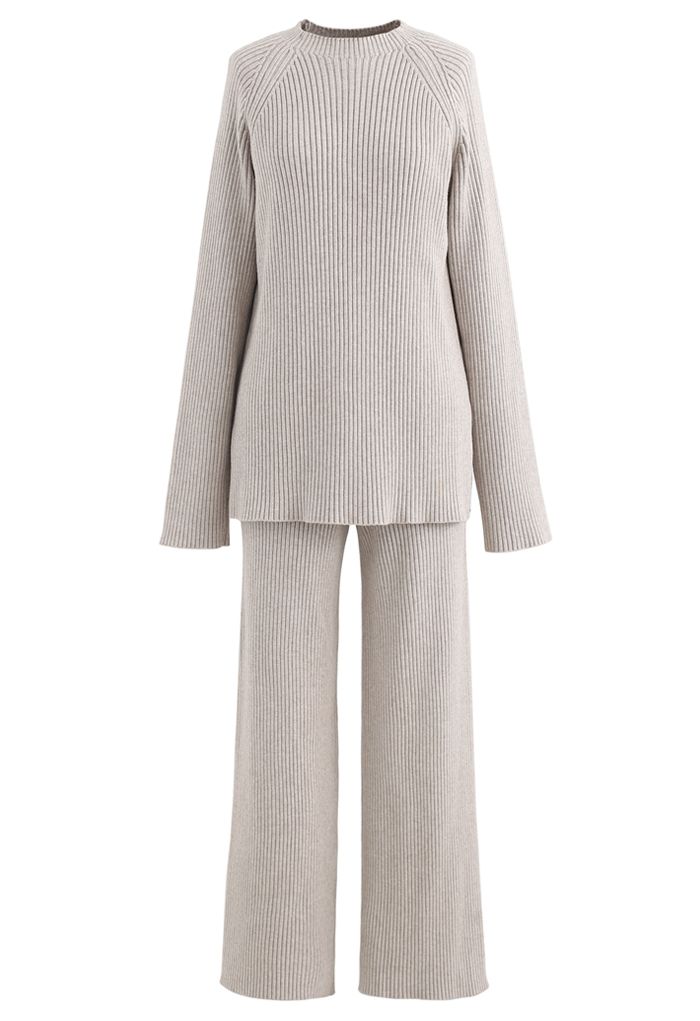 Rib Knit Split Hem Sweater and Pants Set in Sand