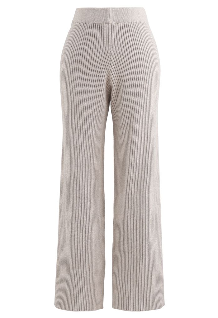 Rib Knit Split Hem Sweater and Pants Set in Sand