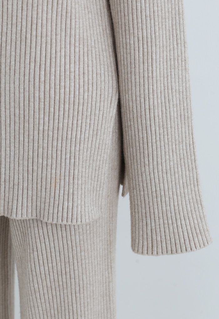 Rib Knit Split Hem Sweater and Pants Set in Sand