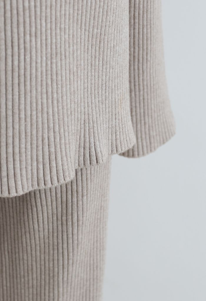 Rib Knit Split Hem Sweater and Pants Set in Sand