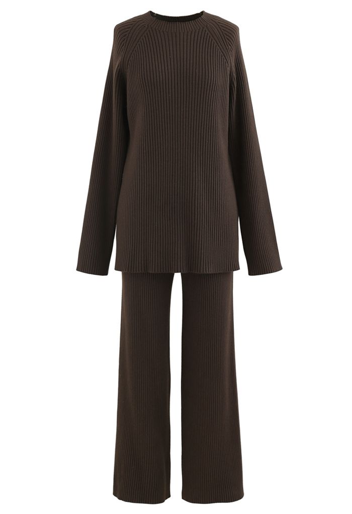 Rib Knit Split Hem Sweater and Pants Set in Brown
