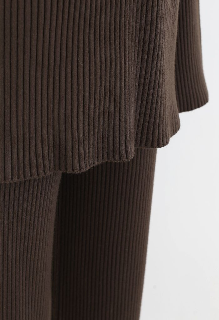 Rib Knit Split Hem Sweater and Pants Set in Brown
