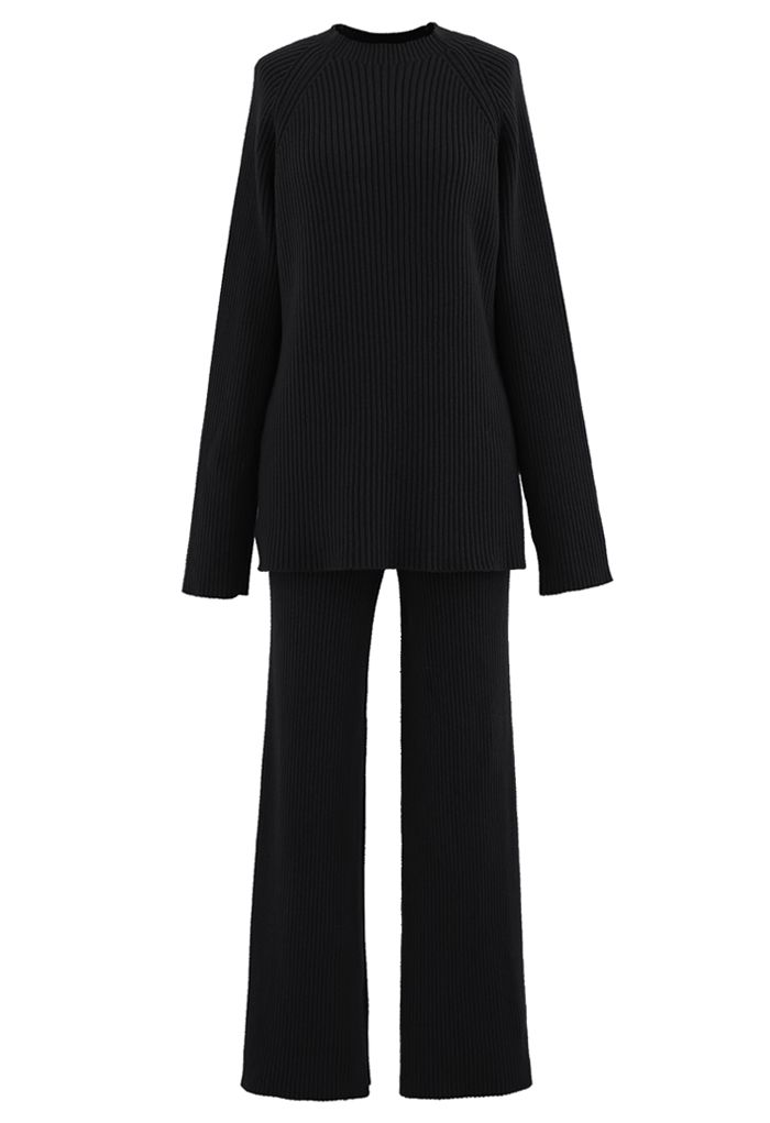 Rib Knit Split Hem Sweater and Pants Set in Black