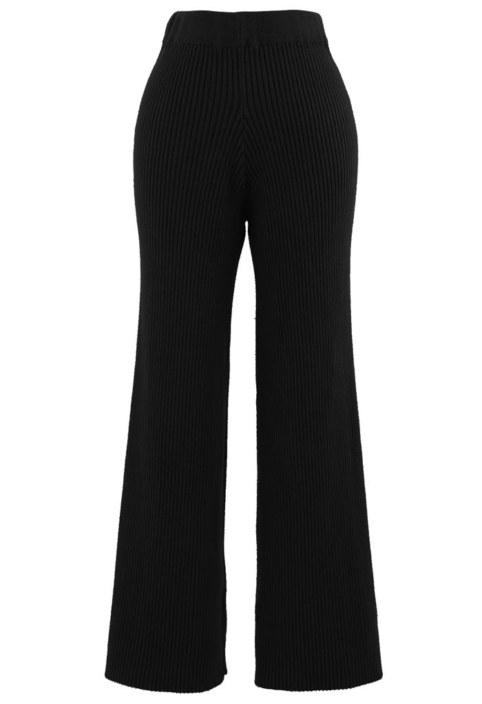 Rib Knit Split Hem Sweater and Pants Set in Black