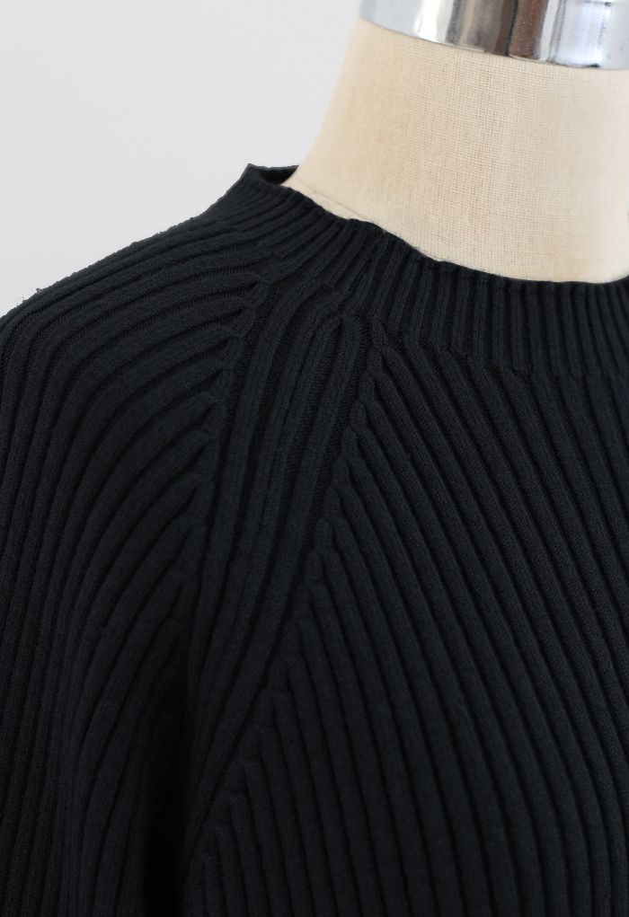 Rib Knit Split Hem Sweater and Pants Set in Black
