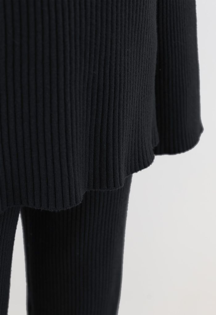 Rib Knit Split Hem Sweater and Pants Set in Black