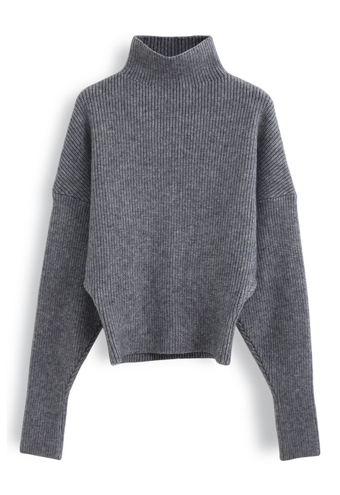 Batwing Sleeves Turtleneck Rib Knit Sweater in Grey