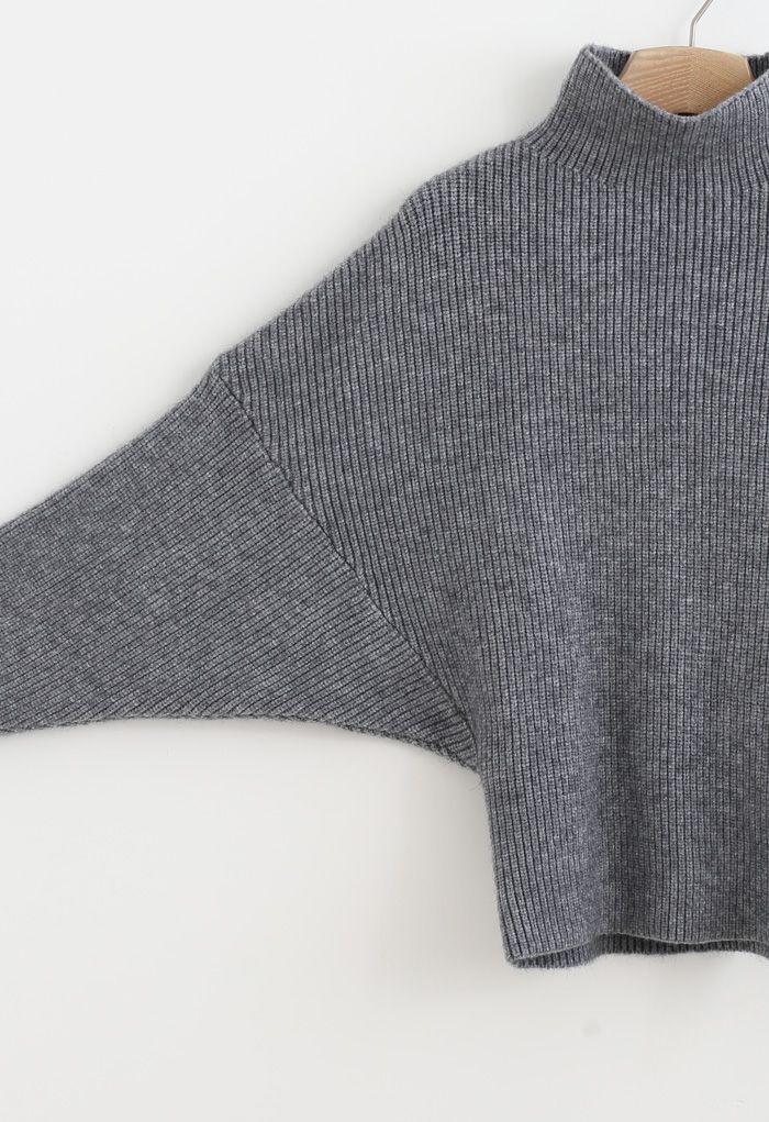 Batwing Sleeves Turtleneck Rib Knit Sweater in Grey