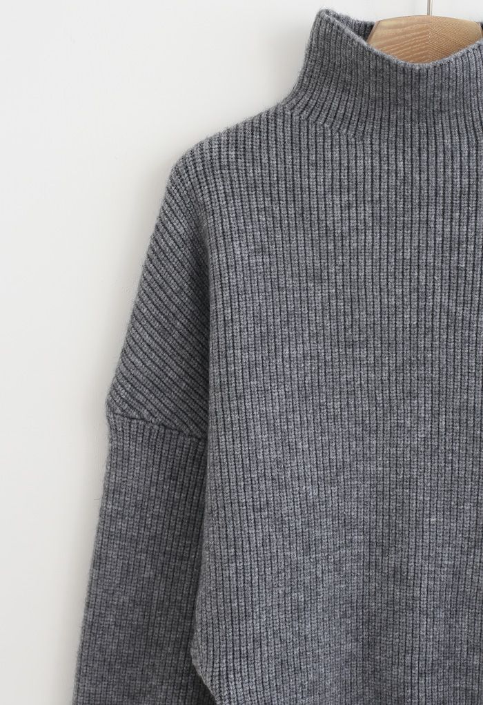 Batwing Sleeves Turtleneck Rib Knit Sweater in Grey