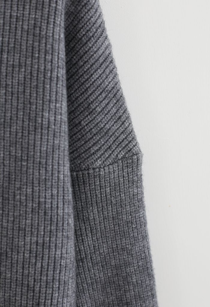 Batwing Sleeves Turtleneck Rib Knit Sweater in Grey