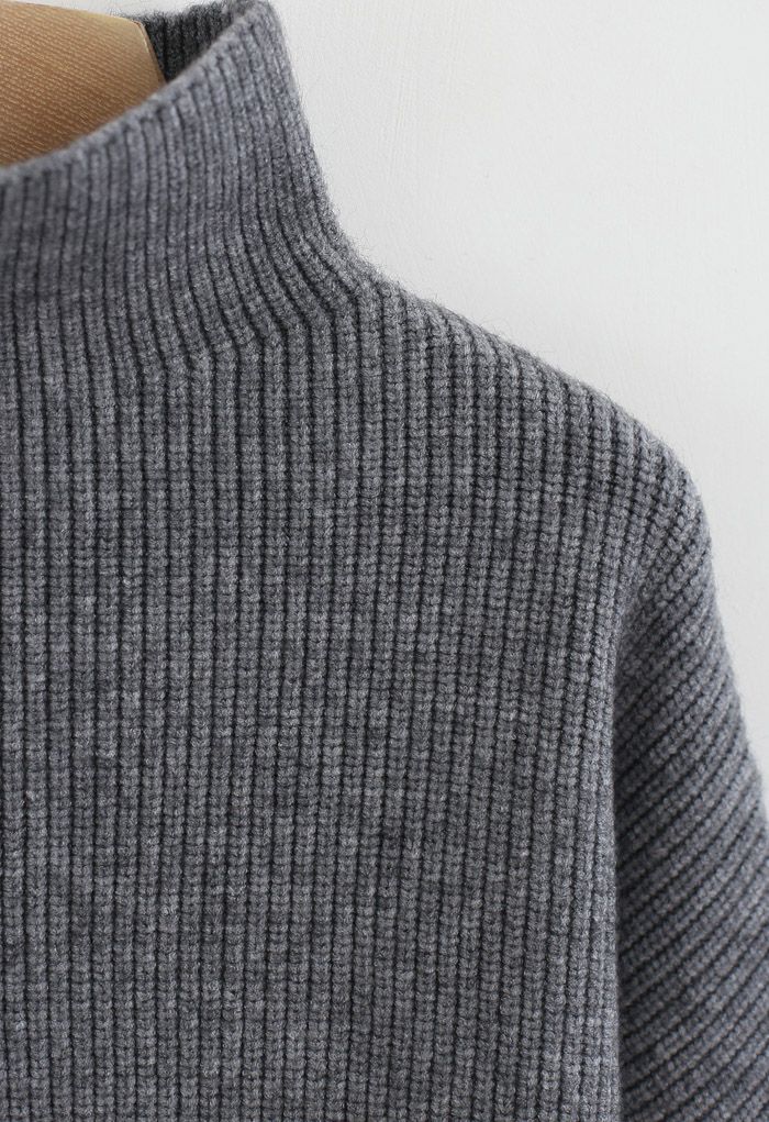 Batwing Sleeves Turtleneck Rib Knit Sweater in Grey