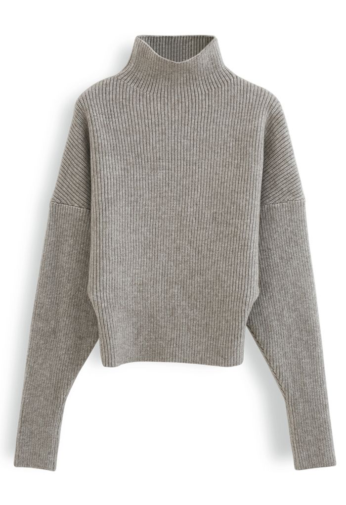Batwing Sleeves Turtleneck Rib Knit Sweater in Sand