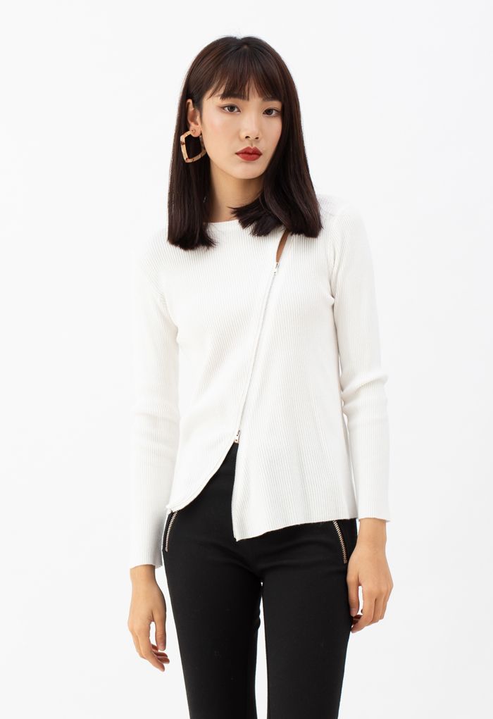 Zipper Up Ribbed Knit Top in White